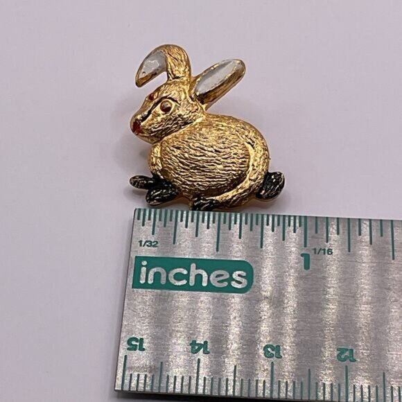 Vintage Gold Tone Rabbit Pin Brooch With Red & White Accents - Picture 2 of 5